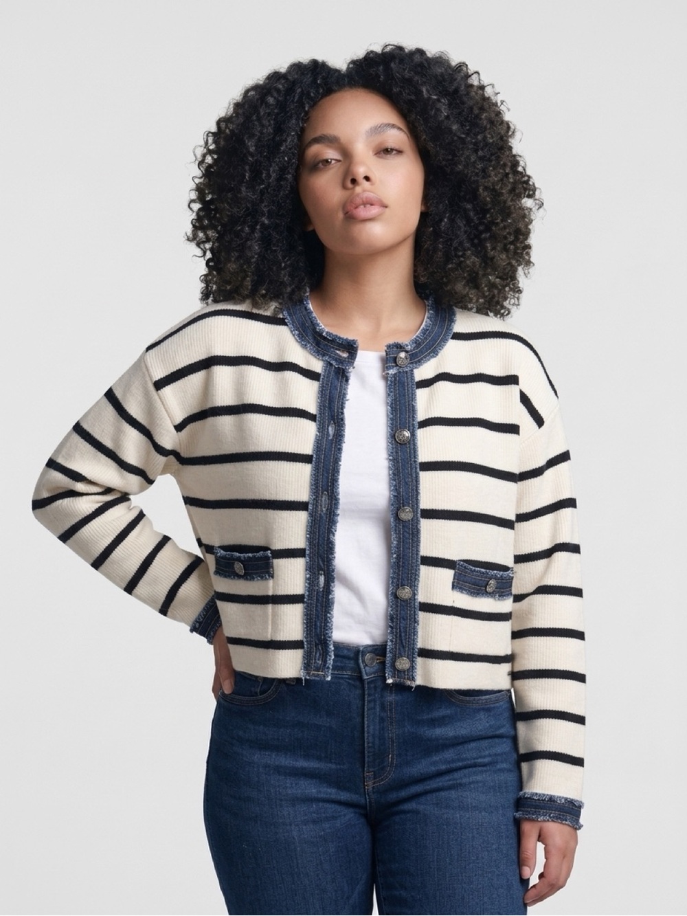 Jason Wu Cream and Black Striped Knit Cardigan with Denim Trim - Picture 1 of 6